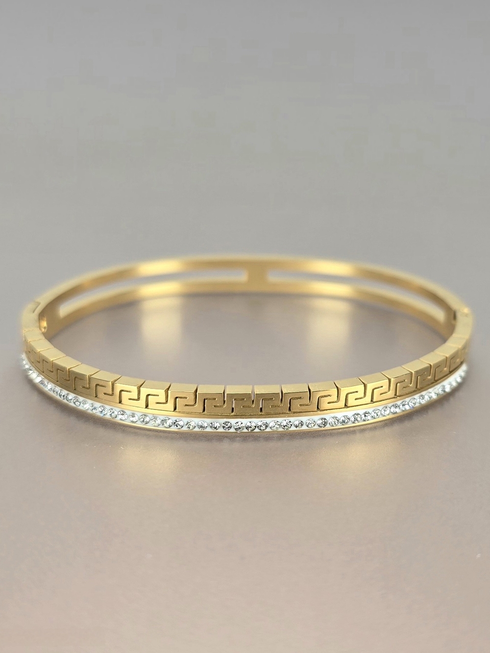 Gold Greek Key Bangle Bracelet with Crystal Accent